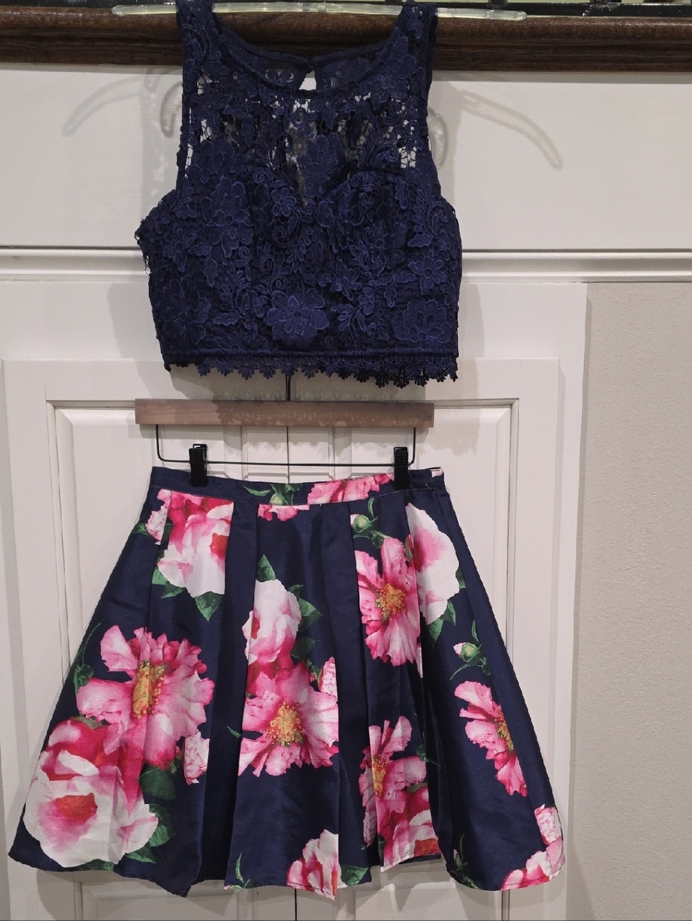 Sequin Hearts Navy Floral 2 Piece Skirt Set